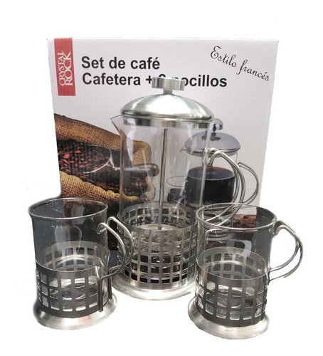 Set Cafetera Embolo 600ml Vidrio Acero+ 2 Jarros Sheshu Home