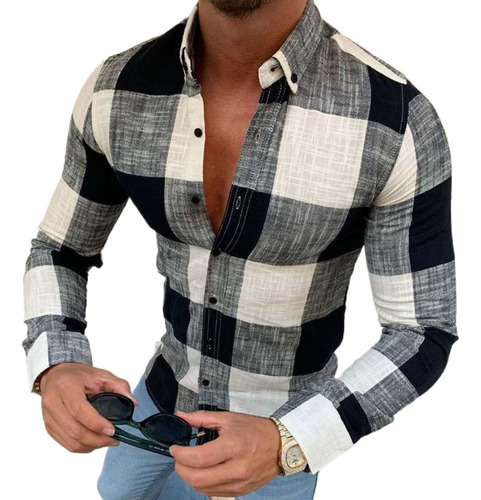 Camisa Casual De Manga Larga A Cuadros For Hombre