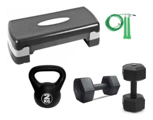 Set Kit Ejercicio Mancuernas + Pesa Rusa +banco Step