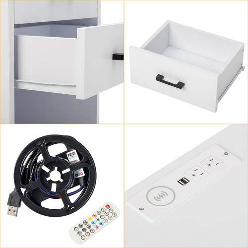 White Nightstand With Led Light Side Table With Drawers