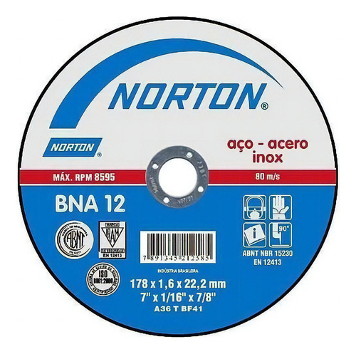 Disco De Corte Inox 178 X 1,6 X 22mm Bna12 - Norton