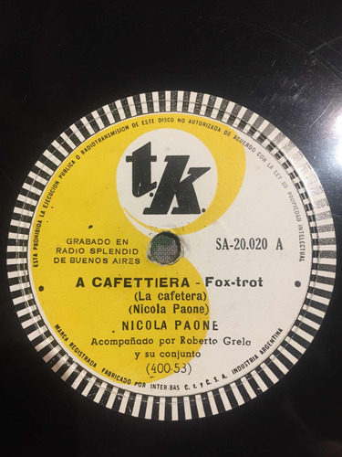 Disco De Pasta 78 Rpm Tk 20-020 Nicola Paone Polca