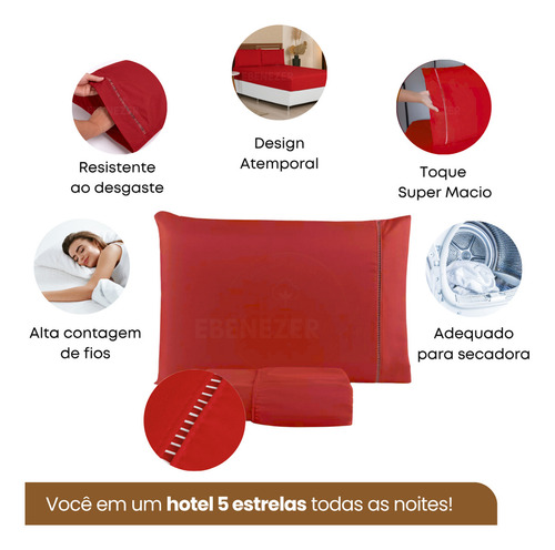 Jogo De Lençol 3 Peças Casal Com Fronha Ponto Palito 400 Fios Extra Macio Confortável Cor Vermelho Premium