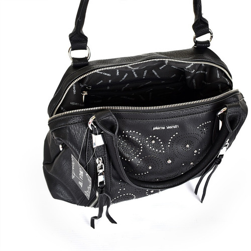 Cartera Importada Cuero Sintetico Negra Tachas Pierre Cardin