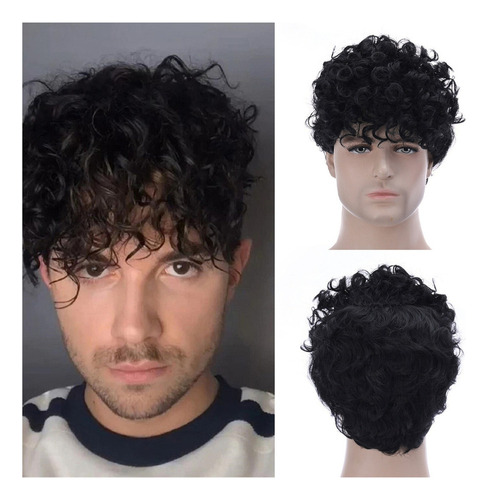 Pelucas Para Hombre, Pelo Corto Y Rizado, Color Negro F