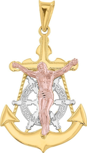 Cruz Católica Y Ancla En Oro 10 Kt Crucifijo Mediana 3.8cm 