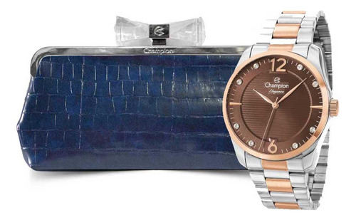 Kit Relógio Feminino Champion Cn27607u + Bolsa Azul Cor da correia Prateado Cor do fundo Marrom