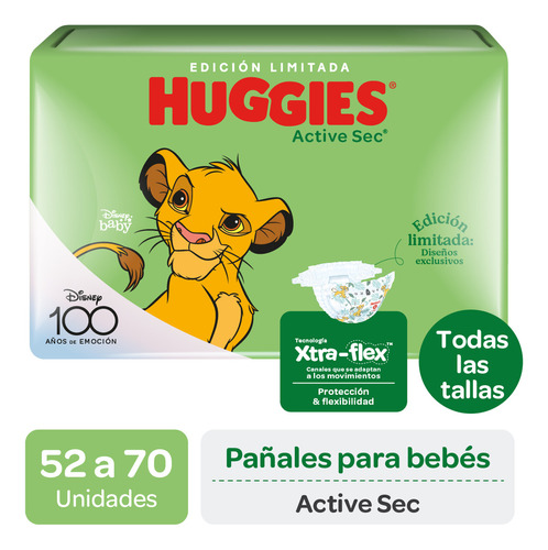 Pañales Huggies Active Sec - Paq. 52 un - Talla XXG