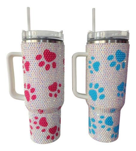 Vaso Térmico Brillo Strass Quencher 1200ml 1.2lts Acero Inox Celeste Huellas