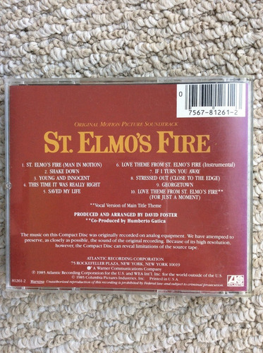 St. Elmo's Fire Cd Usa Soundtrack David Foster John Parr (Usado)