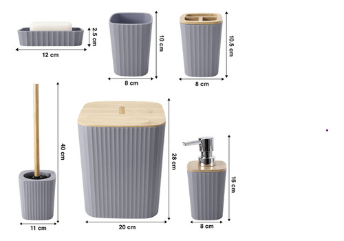 Juego Baño Bambu Plastico X6 Cesto Dispenser Escobilla Jabon Gris Oscuro