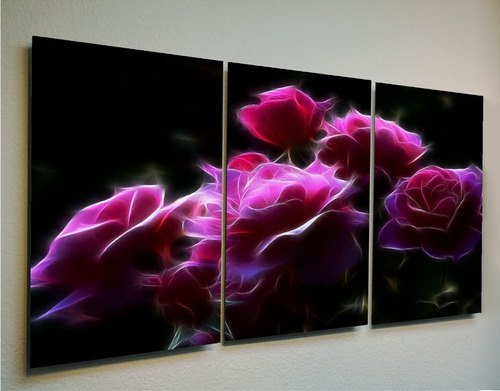 3 Cuadros Metalicos Arte Flores Violeta Digital Abstracto
