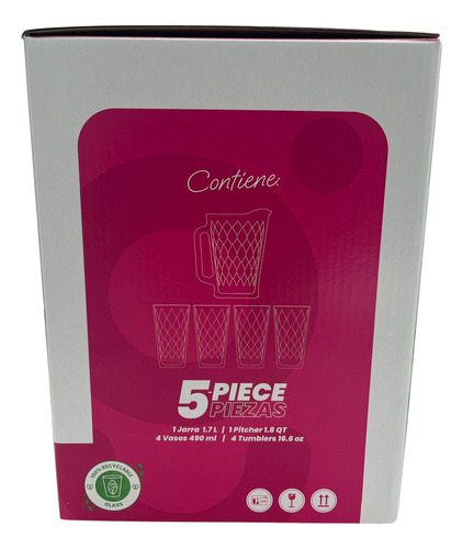 Juego De Agua Portofino Verde, 1 Jarra 1.7lt + 4 Vasos 490ml