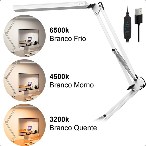 Luminária De Mesa Led Com Braço Articulado E Garra 10 Modos