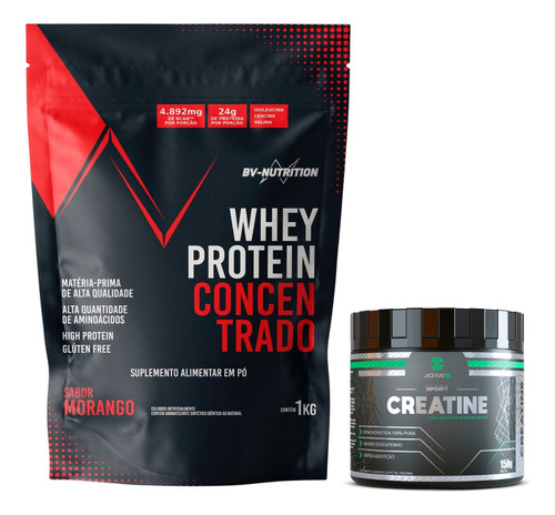 Kit Whey Protein 1kg Sabores + Creatina 100% Pura 150g Sabor Morango