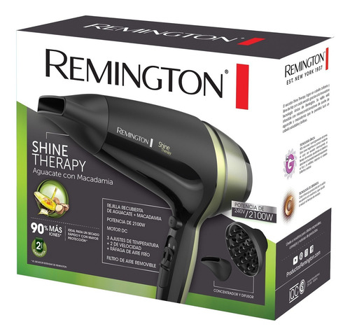 Secador De Cabello Pelo 2100w Shine Therapy D13a Remington Negro/dorado