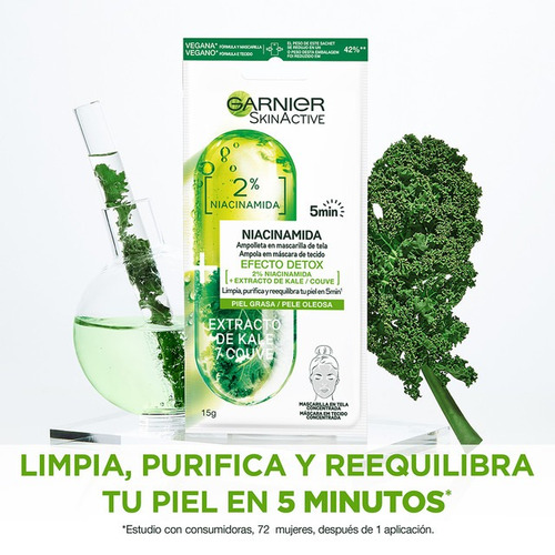 Imagen 5 de 7 de Ampolleta En Mascarilla De Tela Kale Efecto Detox Garnier
