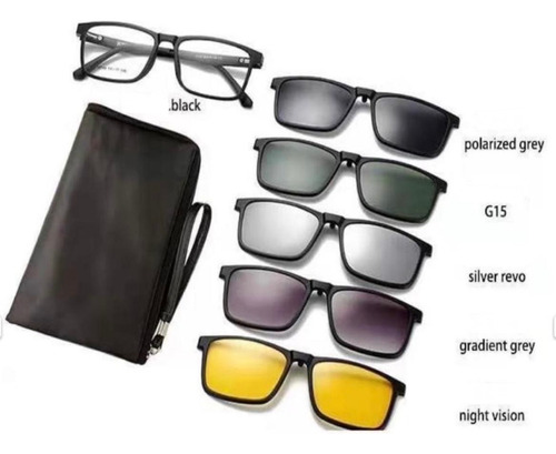 Anteojos Armazon Clip 5 Lentes Intercambiable Pilarizado Negro