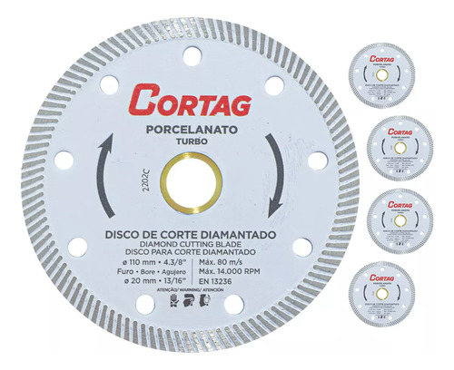 Kit 5 Disco Diamantado Turbo Porcelanato 110mm Piso Cortag