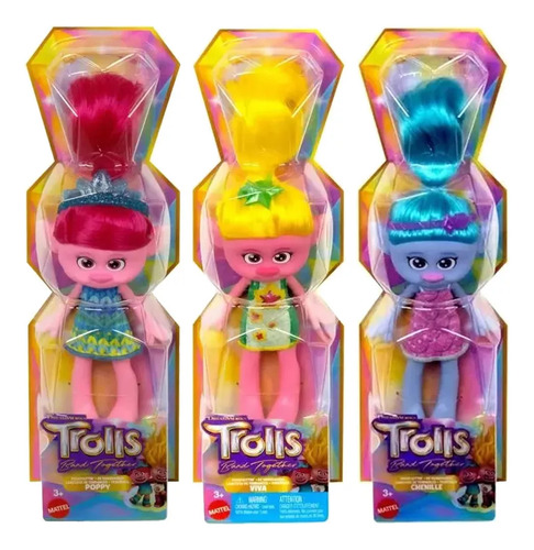 Trolls Muñecas Poppy Viva Chenille Clásica Vanguardia 3 Pzs