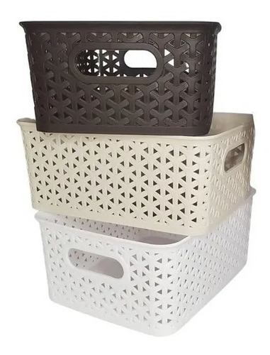 Set De 3 Cajas Organizadoras Simil Rattan Mediana Con Tapa