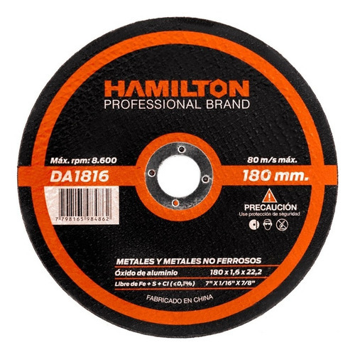 Disco De Corte Abrasivo De 180mm X 1,6mm Para Metales - Hamilton Da1816
