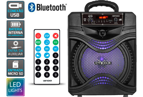 Caixa De Som Bluetooth Usb Portátil Sem Fio 120w Com Controle Led Rgb Função Tws Ca80a Lenoxx
