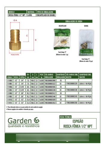 Espigão Fixo Macho Rosca 1/8 Npt Espiga 5/16 Garden