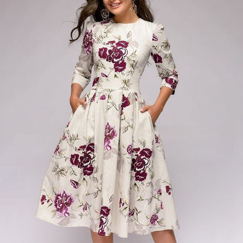 Vestido De Una LĂnea De Cuello Redondo De Flores Elegantes D