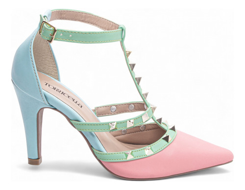 Sapato Scarpin Azul E Rosa Fivela E Pinos Salto Alto 9cm