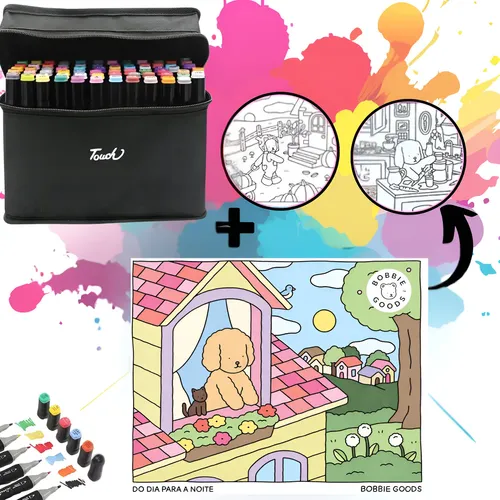 Kit Livro de Colorir + Canetinhas Touch 24 Cores Ponta Dupla