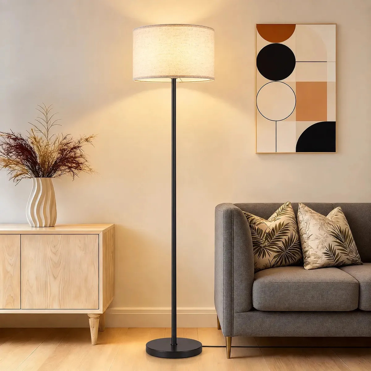 Luminária De Chão, Moderna Com Cúpula De Tecido E27, Abajur De Piso Decorativa Com Luz Suave E  Ajuste De Cor, Design Minimalista Para Sala De Estar, Quarto E Escritório, Tieesa Preto