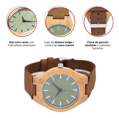 Imagen 3 de 4 de Reloj De Madera Y Correa De Cuero Ajustable Hombre