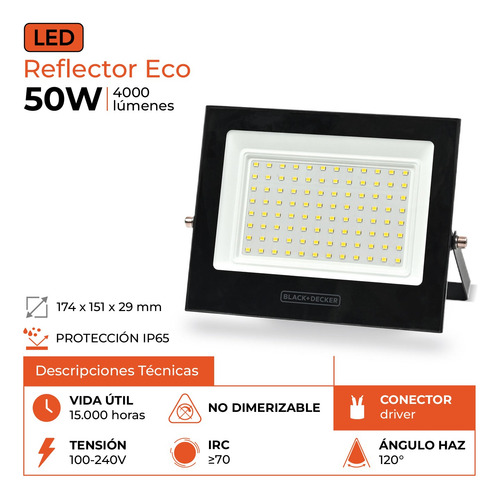 Reflector Led Exterior 50w Canchas Futbol Padel Black+decker Negro Pack X10 Fria
