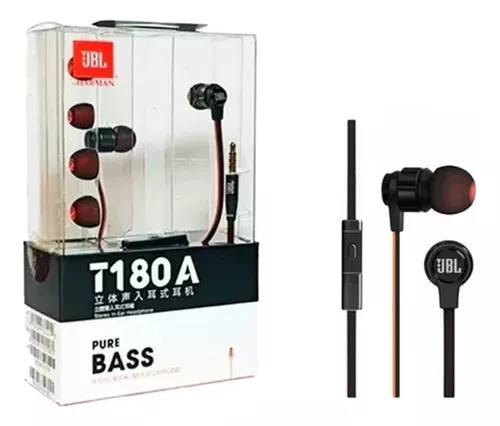 JBL-auriculares intrauditivos estéreo T180A, cascos deportivos con cable de  3,5mm para juegos, manos libres con micrófono