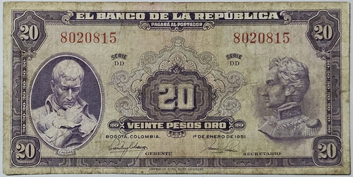 Billete 20 Pesos 01/ene/1951 7 Digitos Colombia F-vf