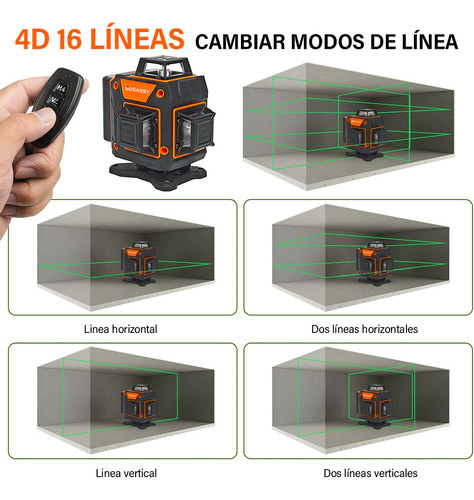 Nivel Láser 4x360 16 Líneas 4D Nivelador Autonivelante cruzada verde para construcción y colgar cuadros, SUSASSY SHMXF125OR batería recargable, mando a distancia, soporte giratorio magnético incluido