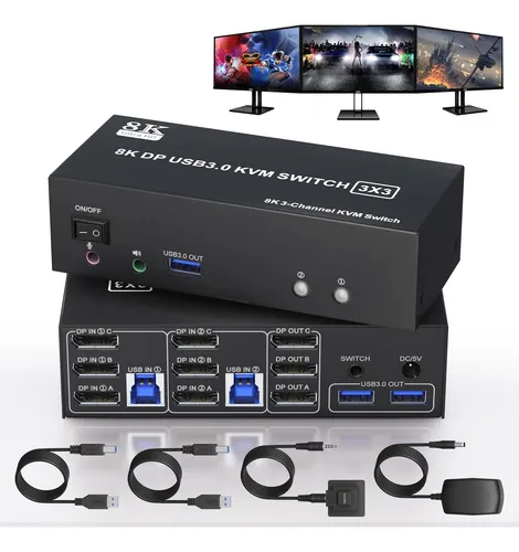 comprar Conmutador Kvm Displayport 8k 3 Monitores 2 Computadoras, Dp