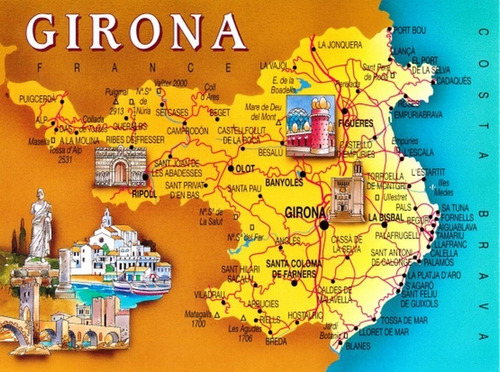 Mapa De Girona - Cataluña - España - Lámina 45x30 Cm.