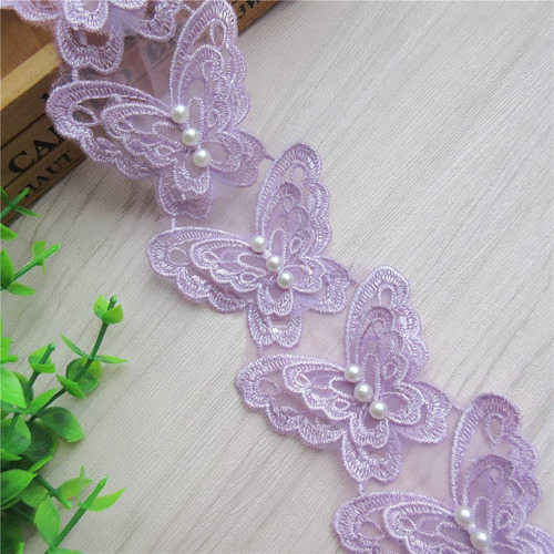 2 Yarda Soluble Purple Butterfly Pearl Organza Borde Encaje