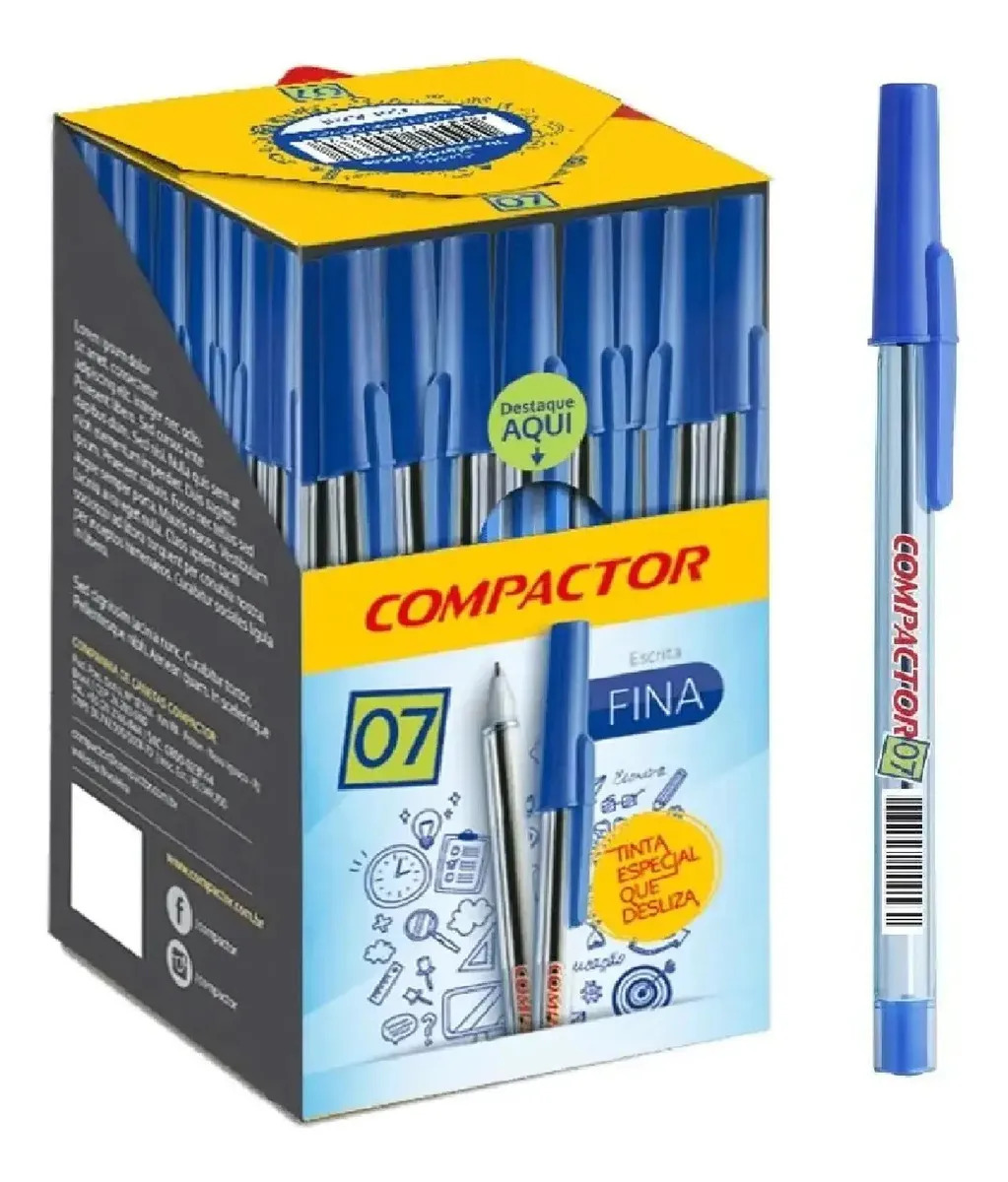 Caneta Esferografica 0.7mm Ponta Fina Compactor Caixa C/ 50 Tinta Azul Exterior Transparente