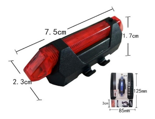 Luz Led Bicicleta Recargable Usb Roja - Trasera Color Rojo