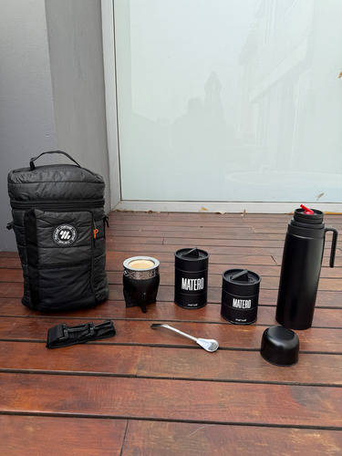 Juego Matero Premium Termo Negro Mate Imperial Cuero Bolso! Negro