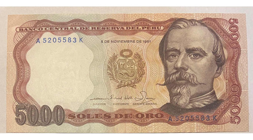Billete Antiguo De Peru. 5000 Soles. Sin Circular. (Usado)