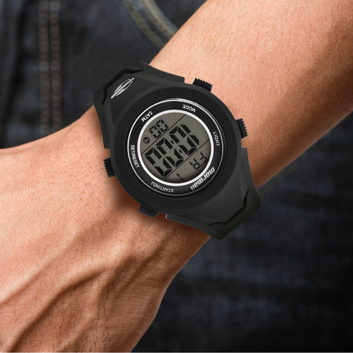 Relógio Masculino Digital Preto de Pulso Infantil Infanto-Juvenil com Pulseira de Silicone Resistente à Água 5 ATM com Cronômetro, Alarme, Calendário e Iluminação Noturna Mormaii MOJ8566F/8P