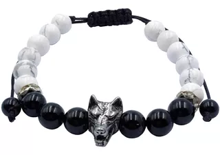 Pulsera Ágata Black Y Howlita Con Dije Lobo