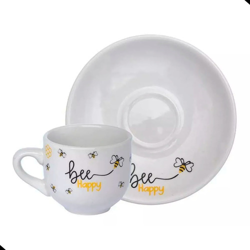 Jogo 6 Xícaras Café Honey Bee Happy Porcelana 90ml Hauskraft