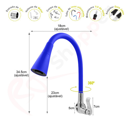 Torneira de cozinha 1/4 de volta BR Shopper 5005C-V Flexível 1/2 3/4 Pia Dois Jato azul