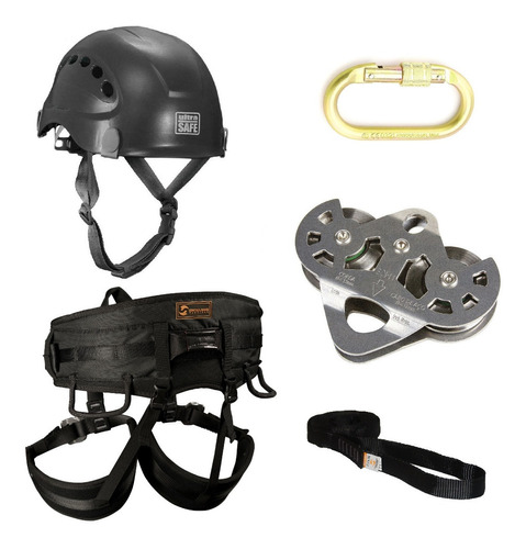 Kit T03b Tirolesa Cadeirinha Mosquetão Capacete Polia E Fita