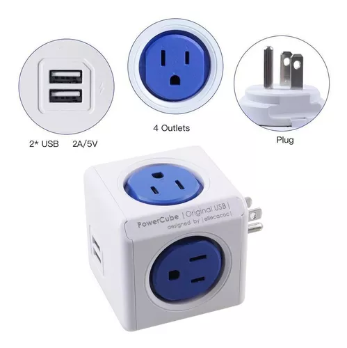 Enchufe modular ALLOCACOC, 4 tomas de corriente, 2 puertos USB, azul